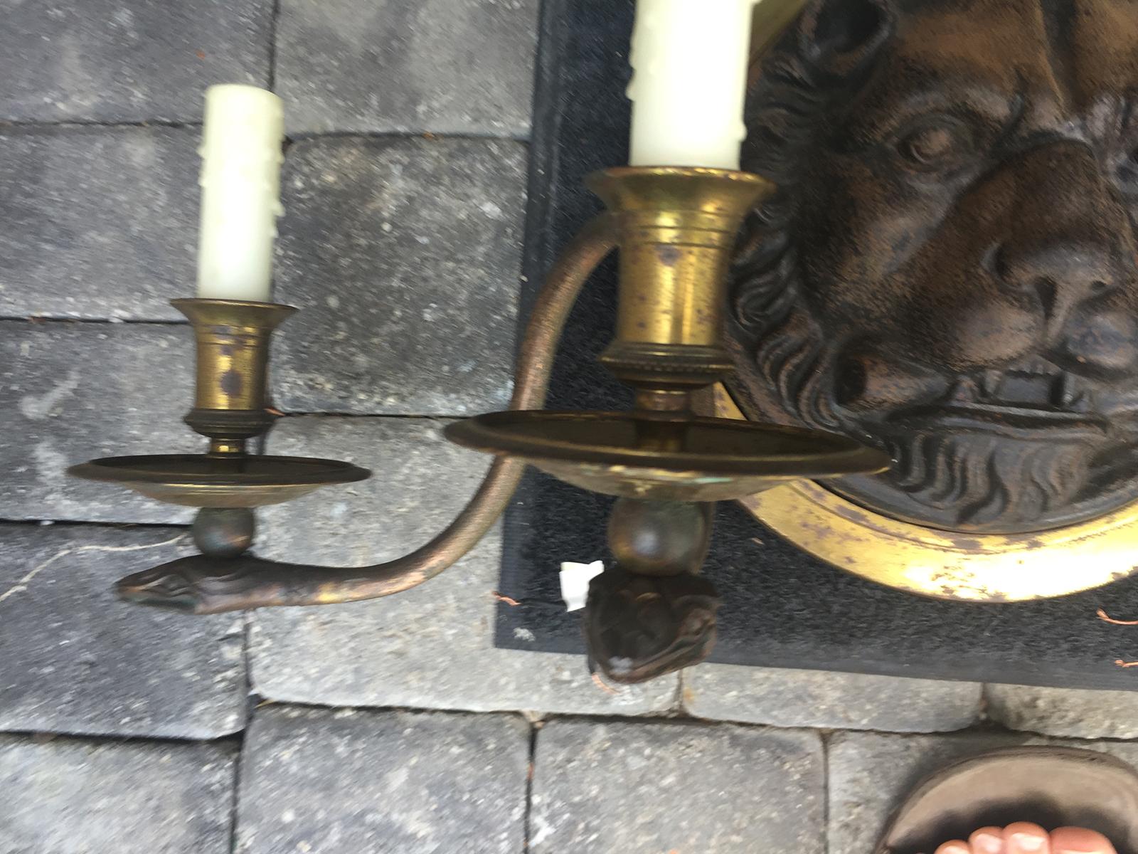 20th Century Pair of Large Scale Regency Style Iron and Brass Sconces For Sale 13