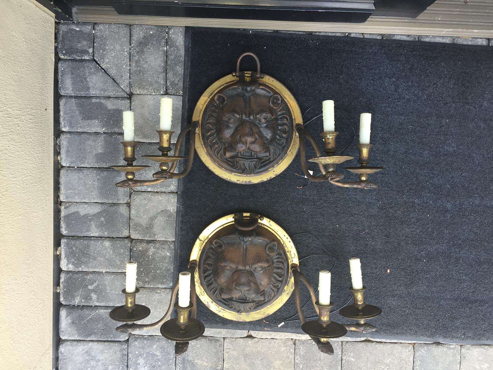 20th Century Pair of Large Scale Regency Style Iron and Brass Sconces For Sale 1