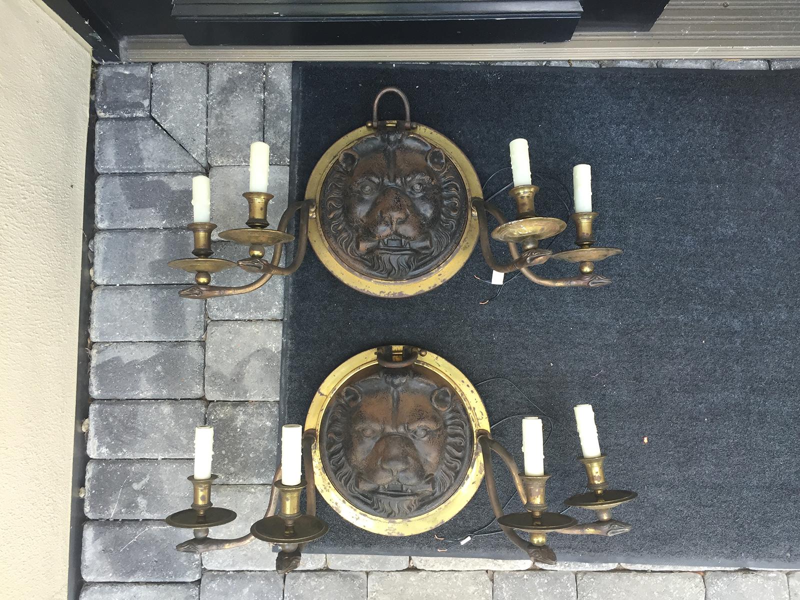 20th Century Pair of Large Scale Regency Style Iron and Brass Sconces For Sale 2