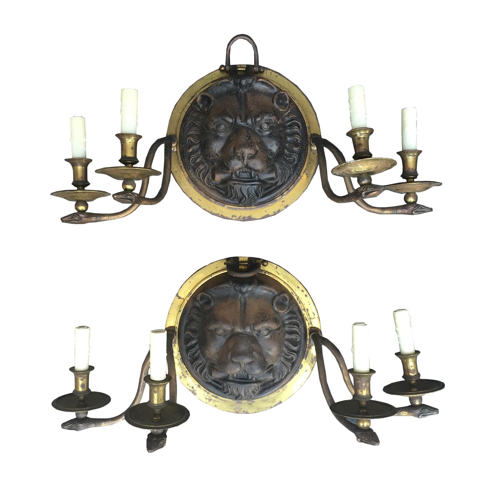 20th Century Pair of Large Scale Regency Style Iron and Brass Sconces For Sale