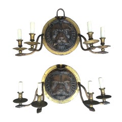 20th Century Pair of Large Scale Regency Style Iron and Brass Sconces