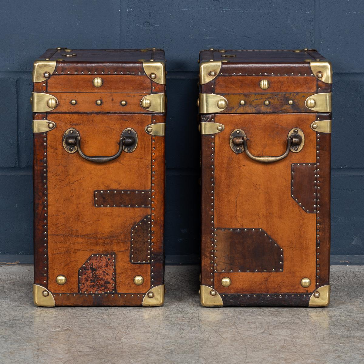 British 20th Century Pair Of Leather Clad English Army / Navy Style Trunks For Sale