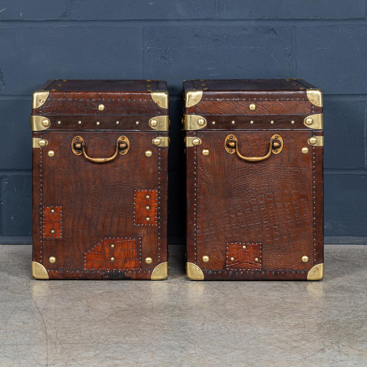 British 20th Century Pair Of Leather Clad English Army / Navy Style Trunks For Sale