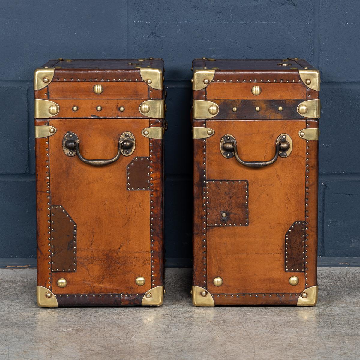 Brass 20th Century Pair Of Leather Clad English Army / Navy Style Trunks For Sale