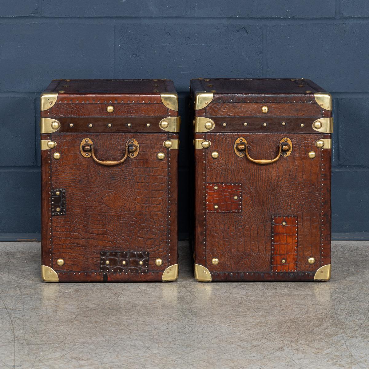 Brass 20th Century Pair Of Leather Clad English Army / Navy Style Trunks For Sale
