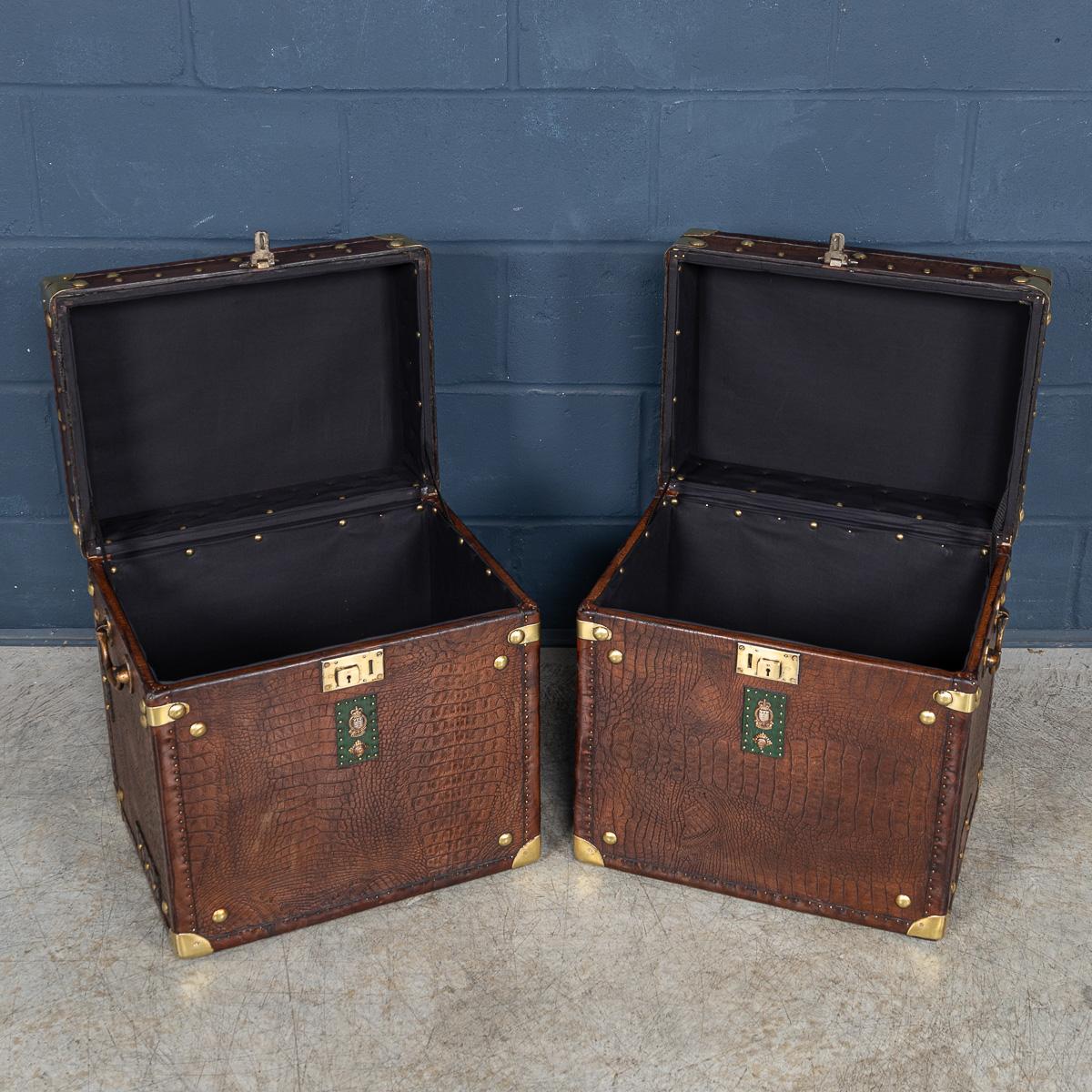 20th Century Pair Of Leather Clad English Army / Navy Style Trunks For Sale 1