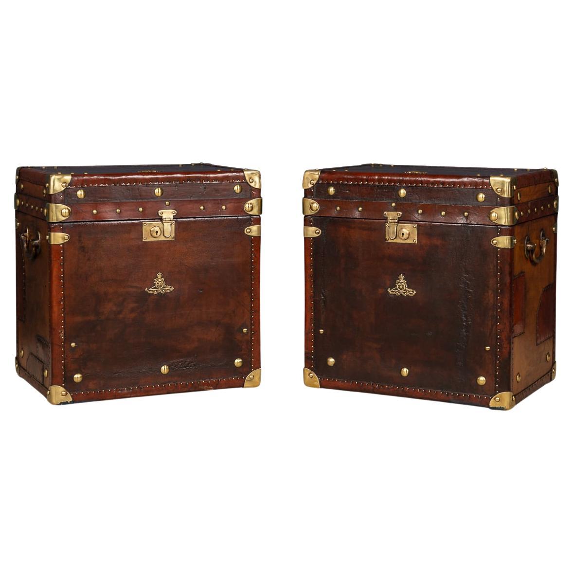 20th Century Pair Of Leather Clad English Army / Navy Style Trunks