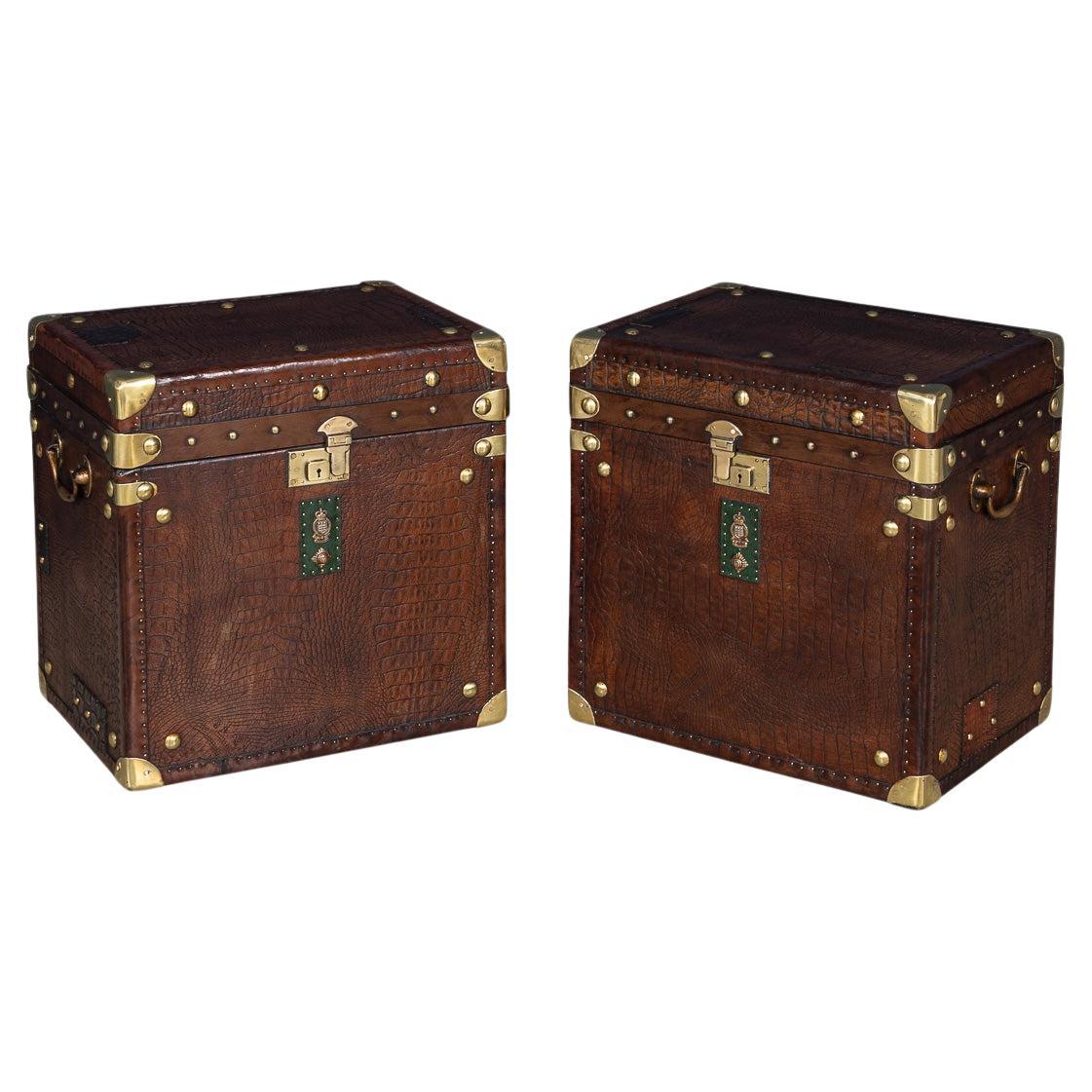 20th Century Pair Of Leather Clad English Army / Navy Style Trunks For Sale