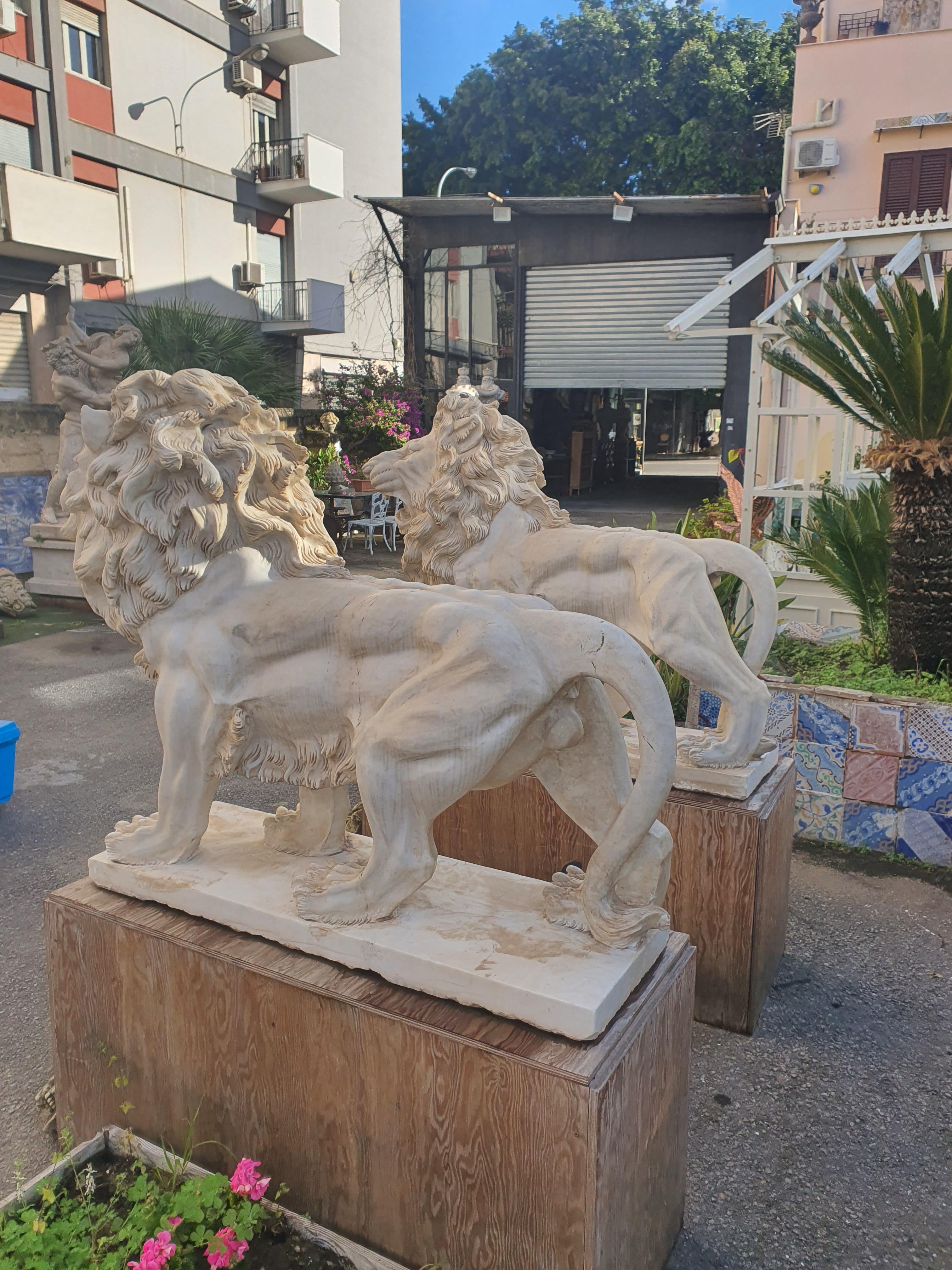 European 20th Century Pair of Lions Sculptures Statuary Marble Finely Carved For Sale