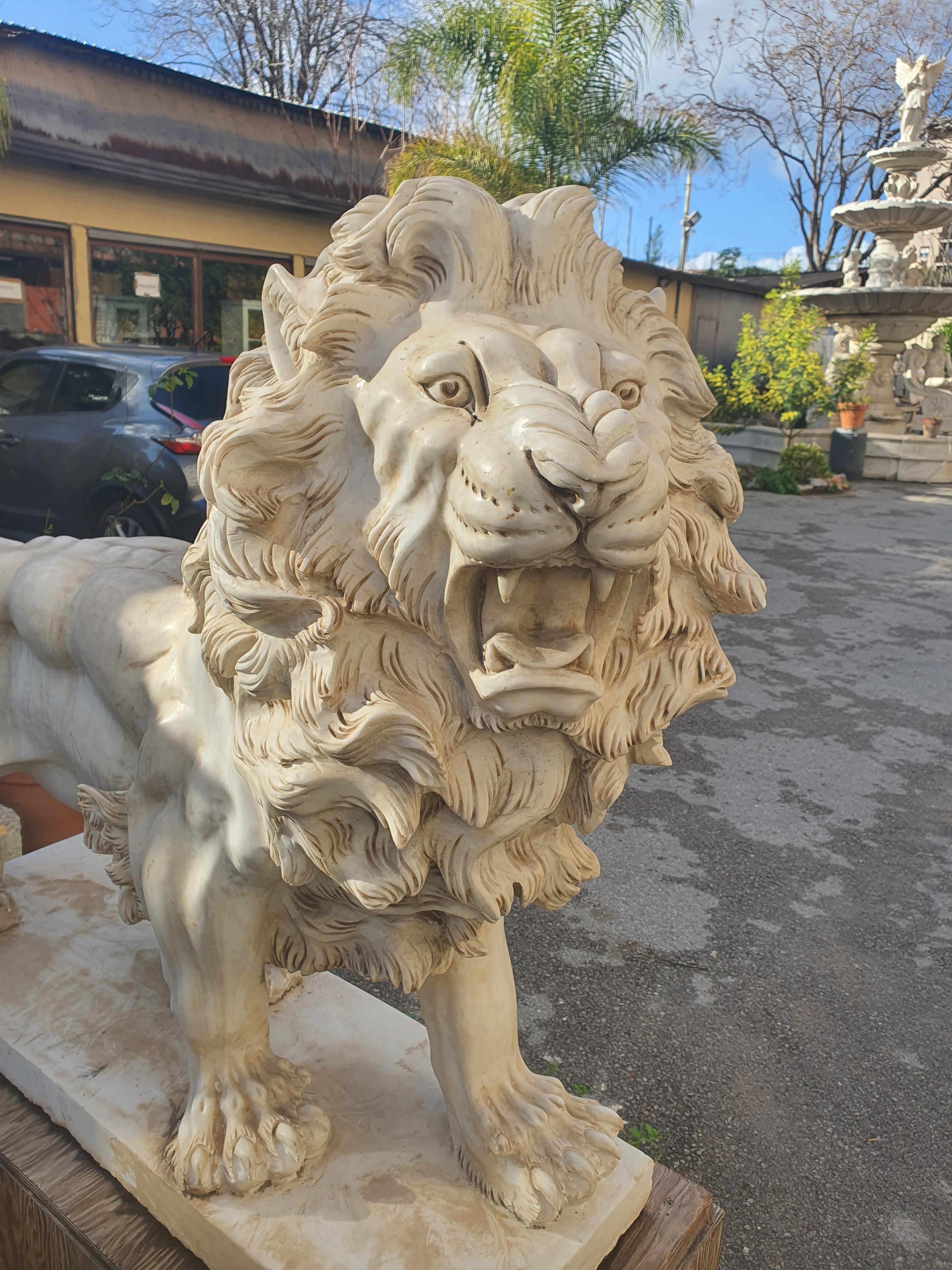 20th Century Pair of Lions Sculptures Statuary Marble Finely Carved For Sale 3