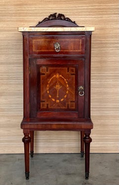 20th Century Pair of Louis XVI Style Marble-Top, Bronze and Walnut Nightstands