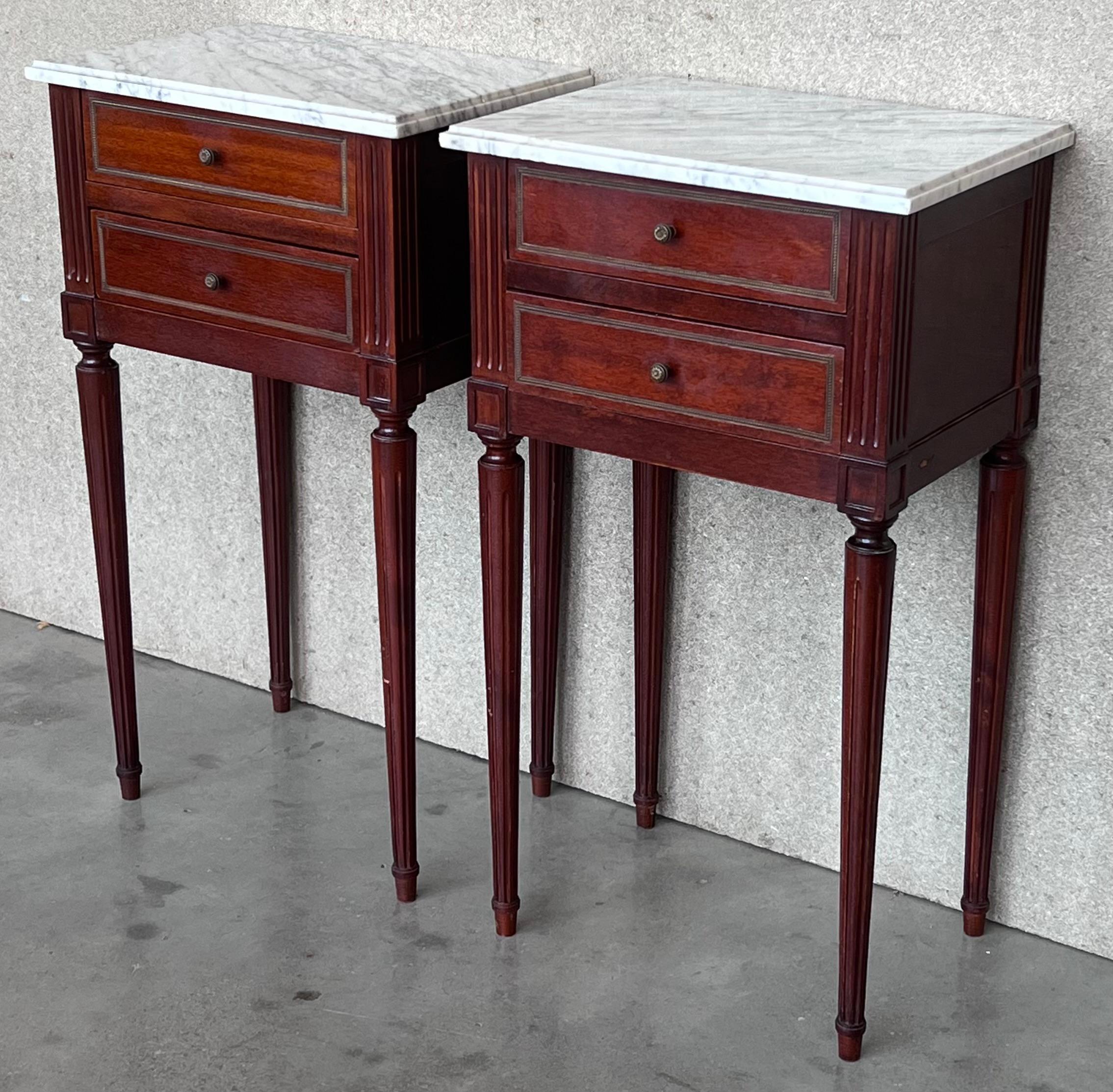 French 20th Century Pair of Louis XVI Style Marble-Top, Bronze and Walnut Nightstands