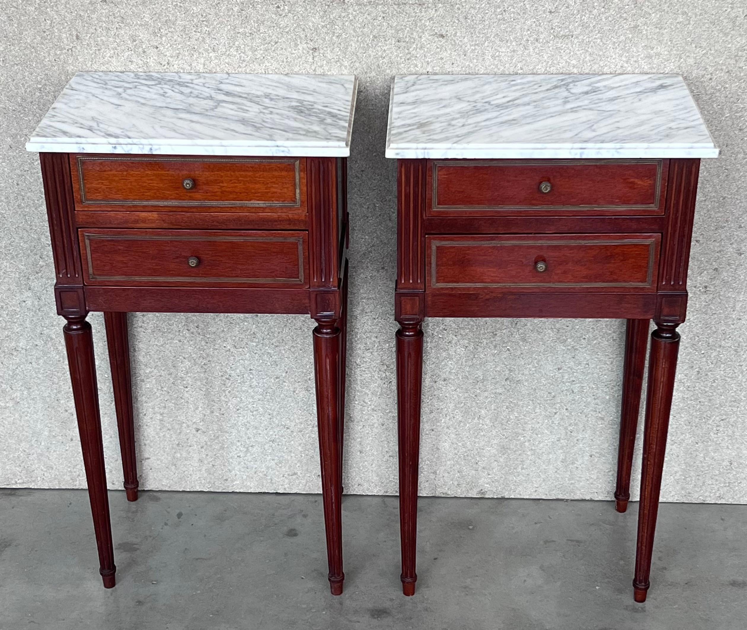 19th Century 20th Century Pair of Louis XVI Style Marble-Top, Bronze and Walnut Nightstands