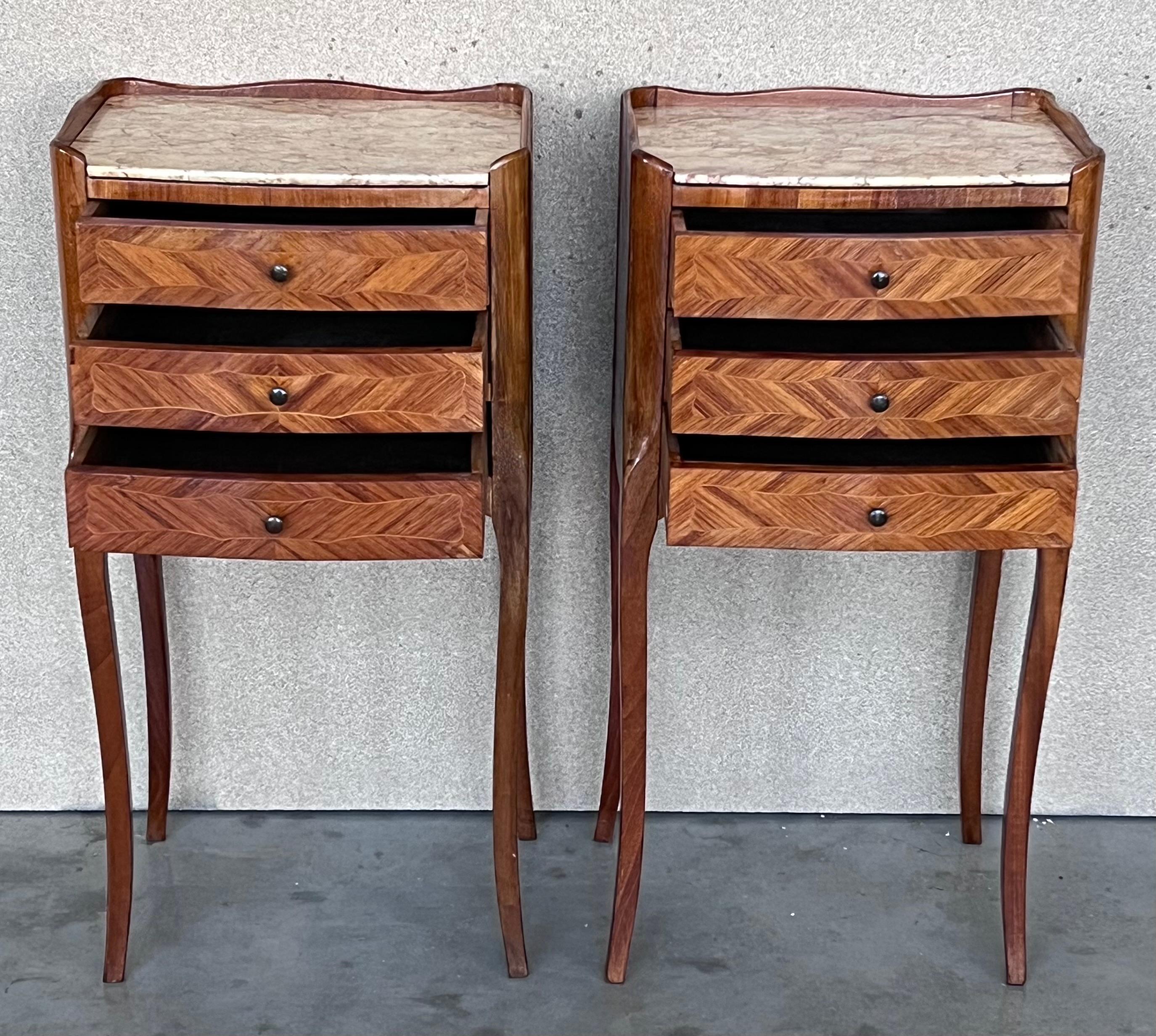19th Century 20th Century Pair of Louis XVI Style Marble-Top, Bronze and Walnut Nightstands For Sale