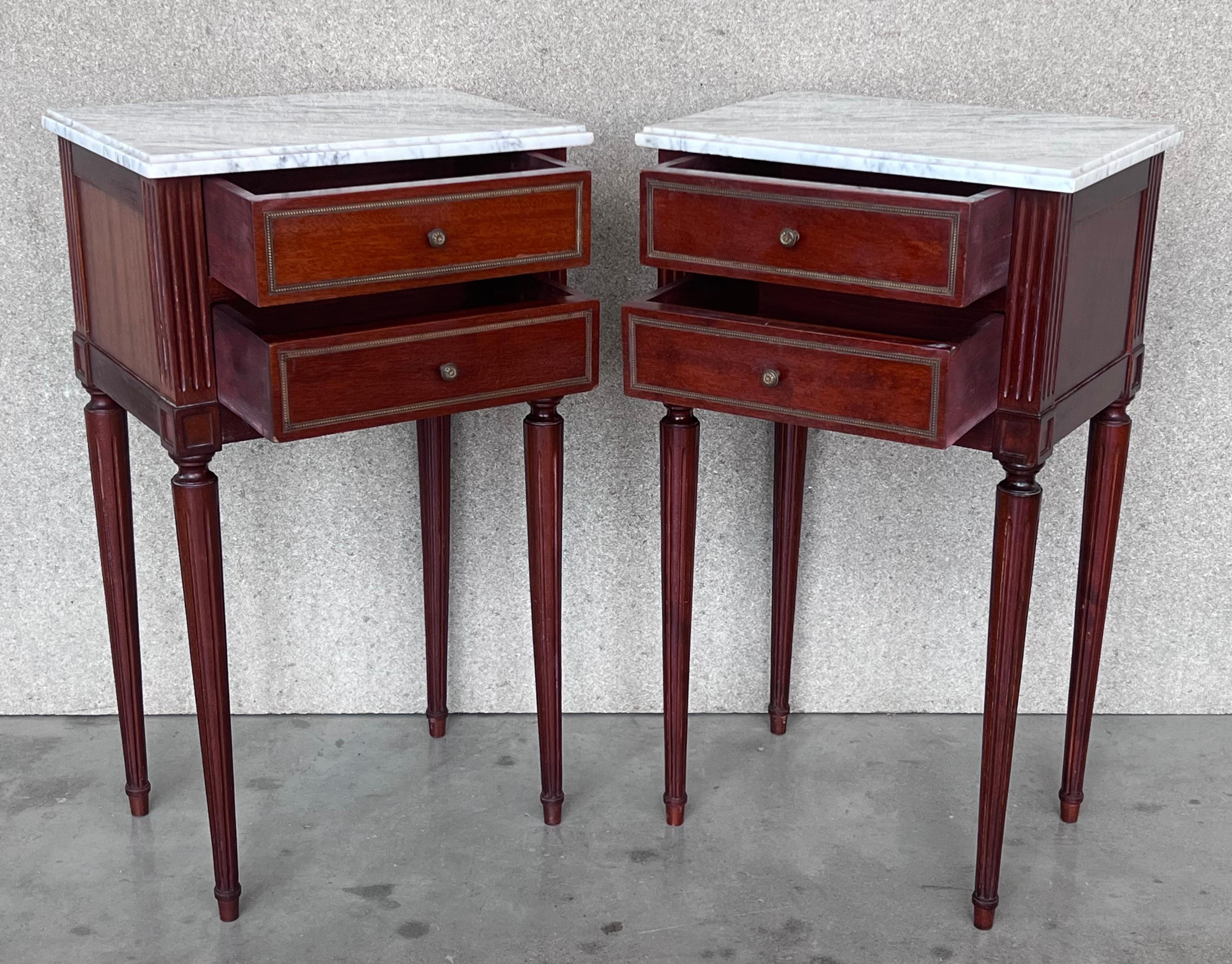 20th Century Pair of Louis XVI Style Marble-Top, Bronze and Walnut Nightstands 2