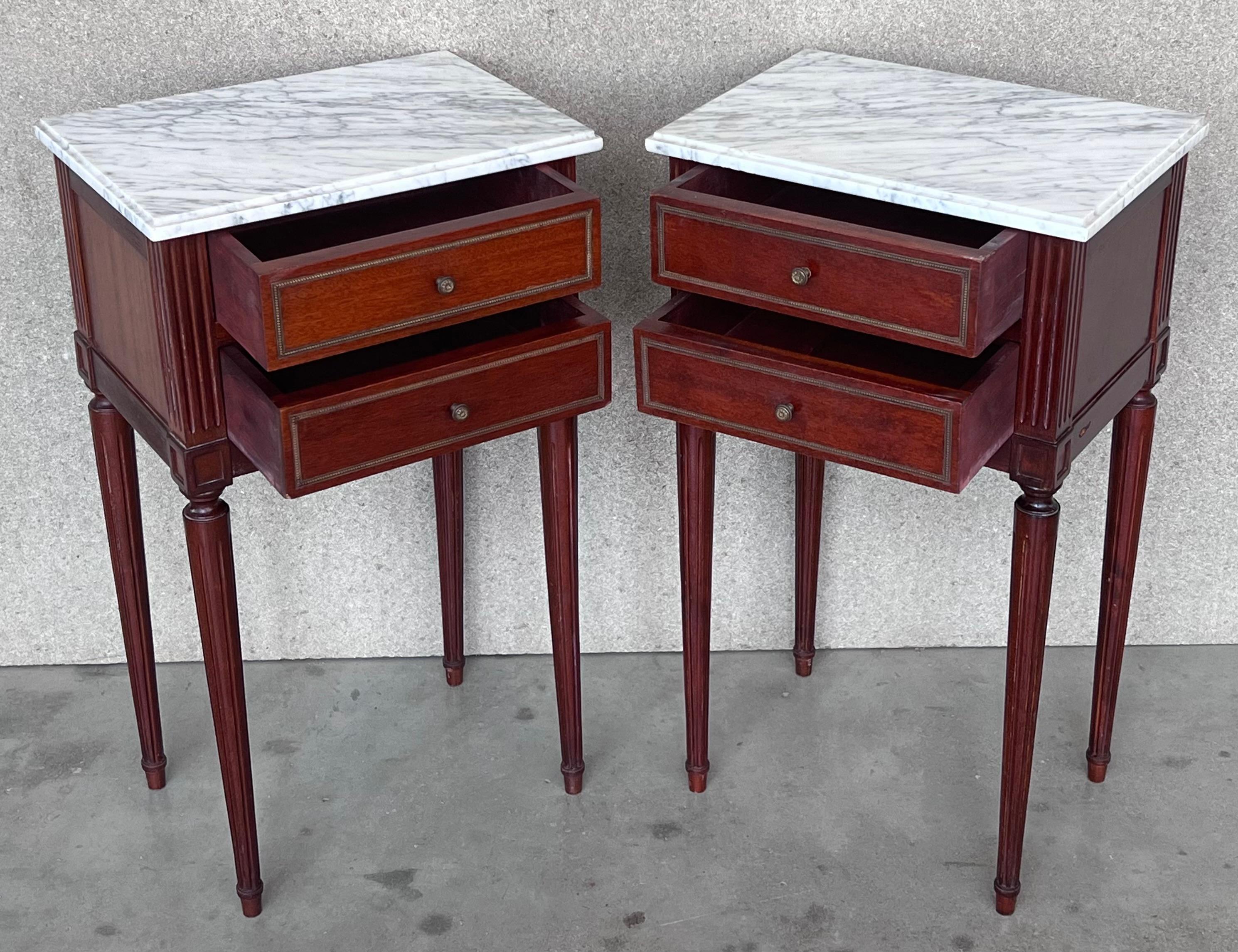 20th Century Pair of Louis XVI Style Marble-Top, Bronze and Walnut Nightstands 3