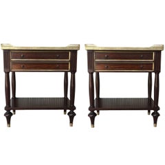 20th Century Pair of Louis XVI Style Marble-Top, Bronze and Walnut Nightstands