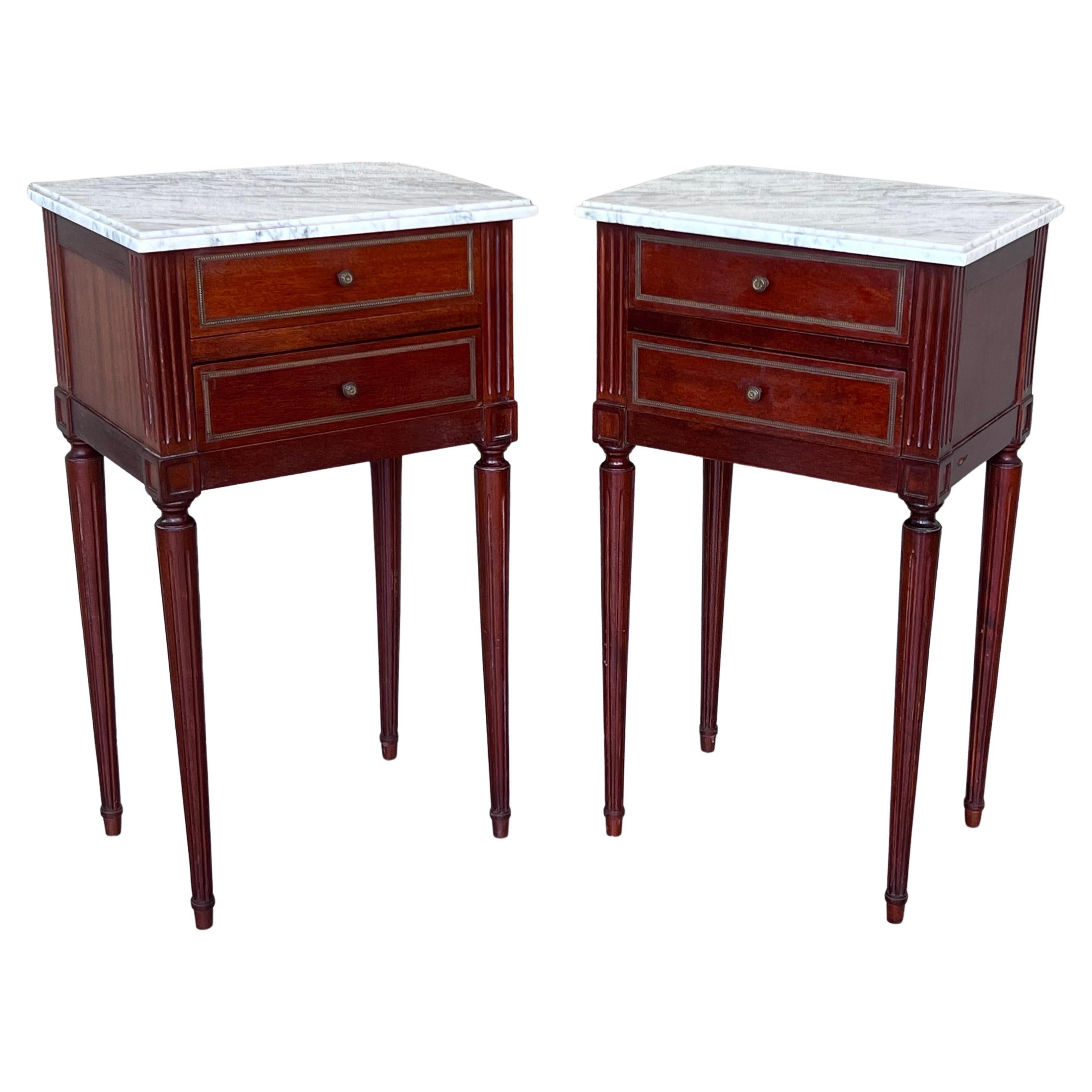 20th Century Pair of Louis XVI Style Marble-Top, Bronze and Walnut Nightstands