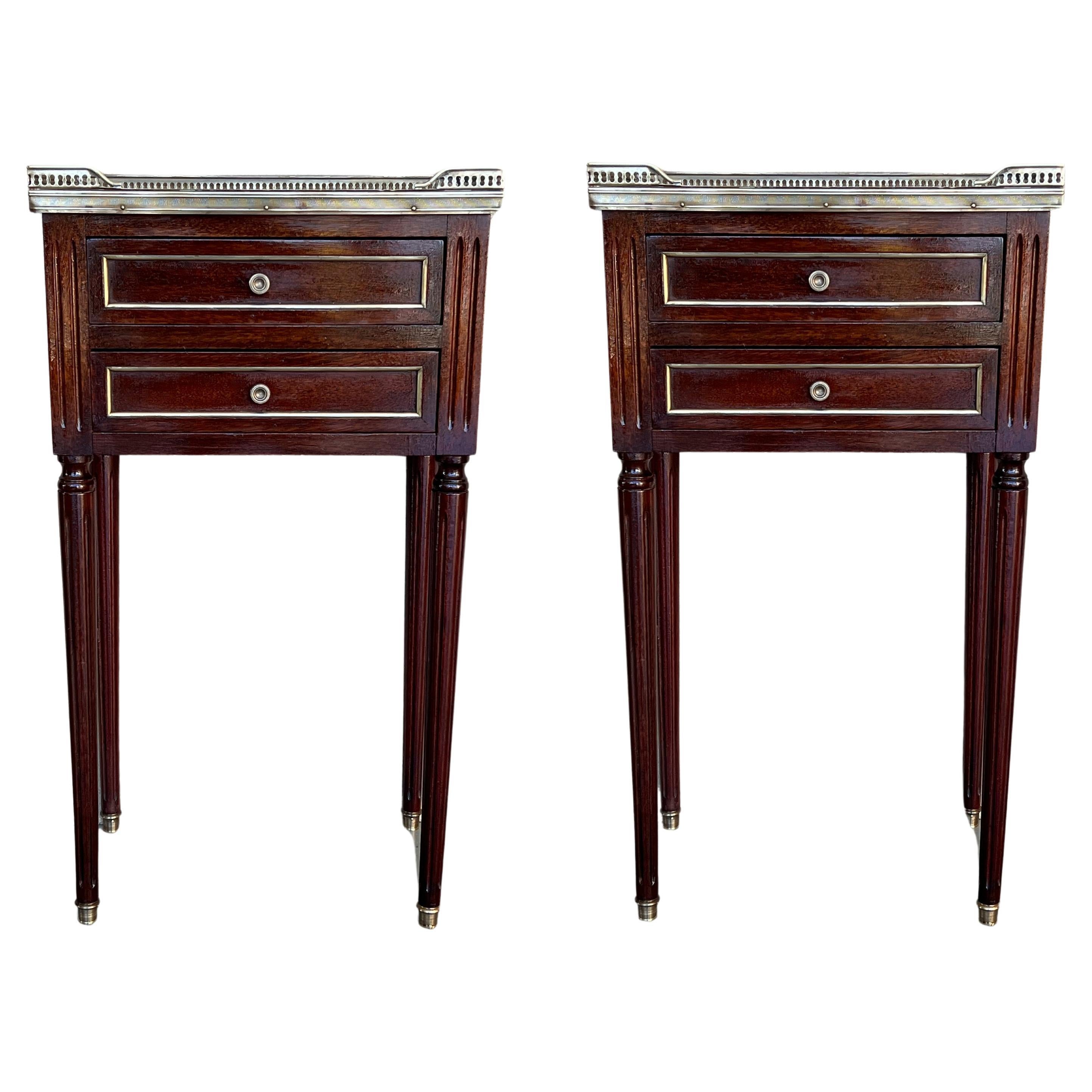 20th Century Pair of Louis XVI Style Marble-Top, Bronze and Walnut Nightstands For Sale