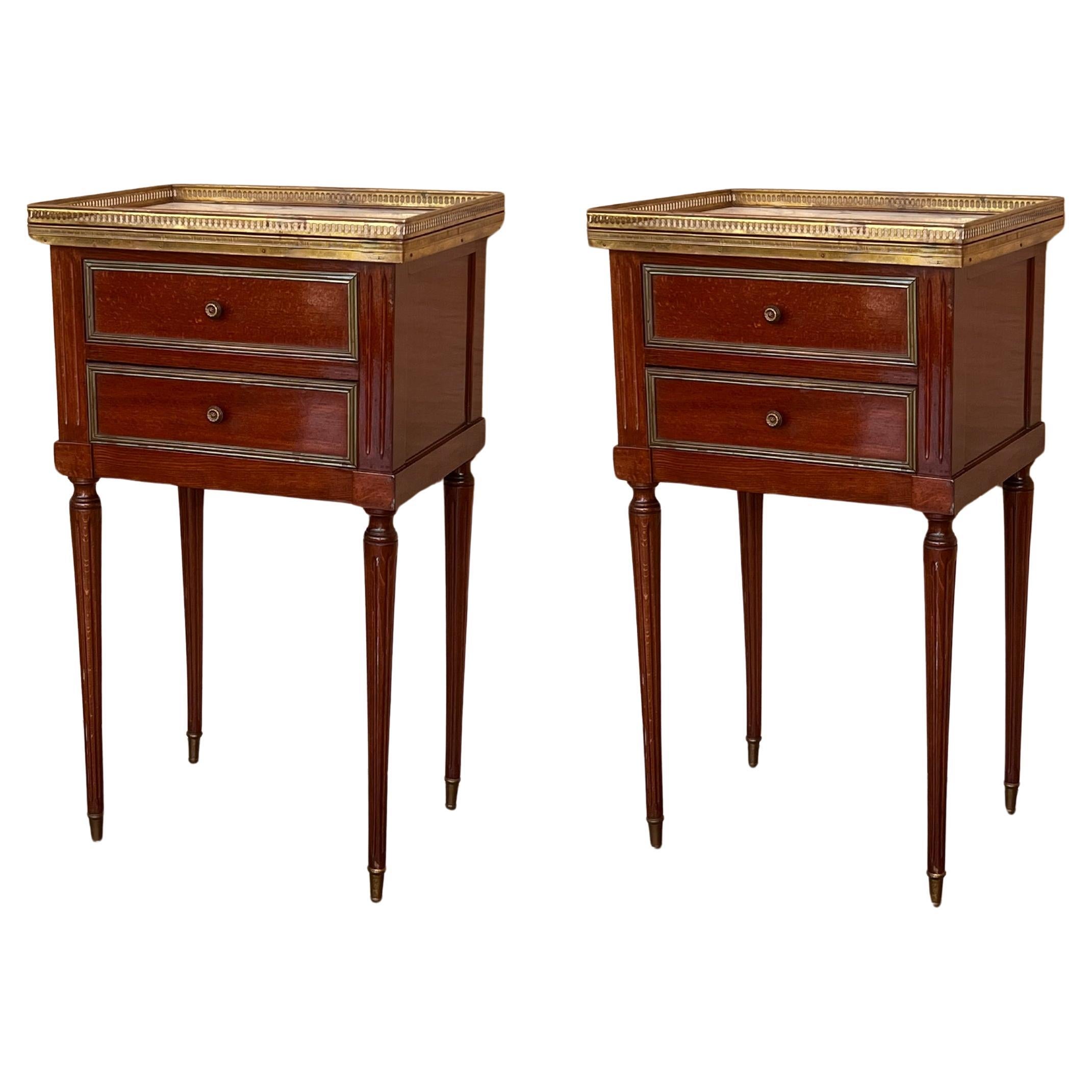 20th Century Pair of Louis XVI Style Marble-Top, Bronze and Walnut Nightstands For Sale