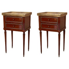 Antique 20th Century Pair of Louis XVI Style Marble-Top, Bronze and Walnut Nightstands