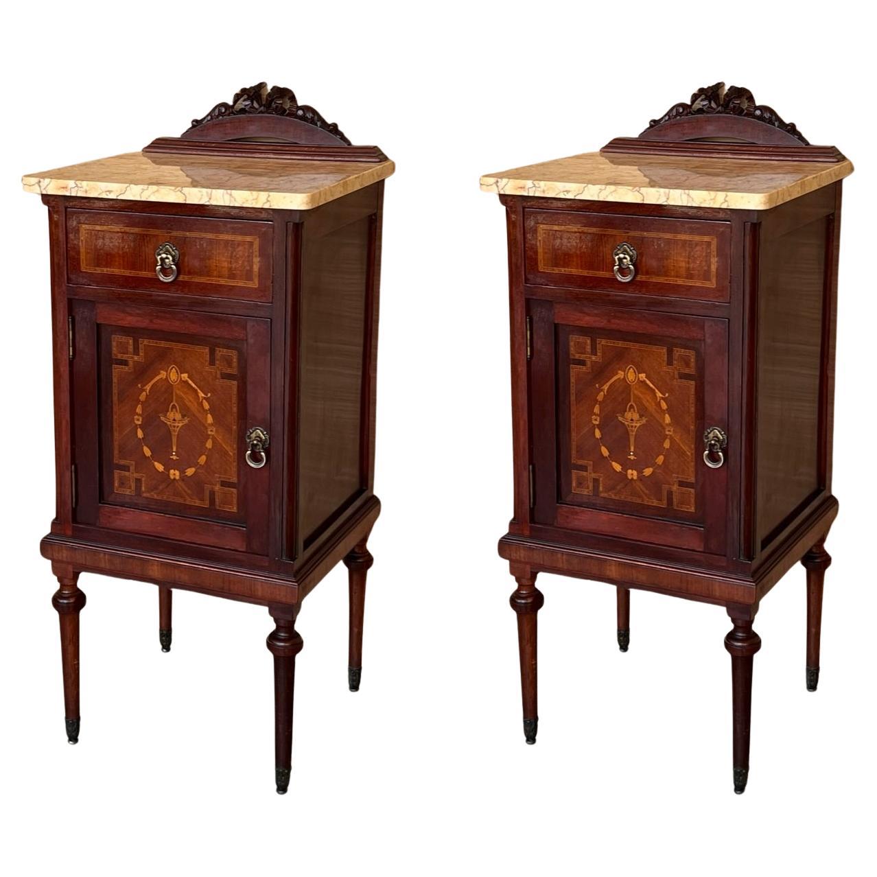 20th Century Pair of Louis XVI Style Marble-Top, Bronze and Walnut Nightstands