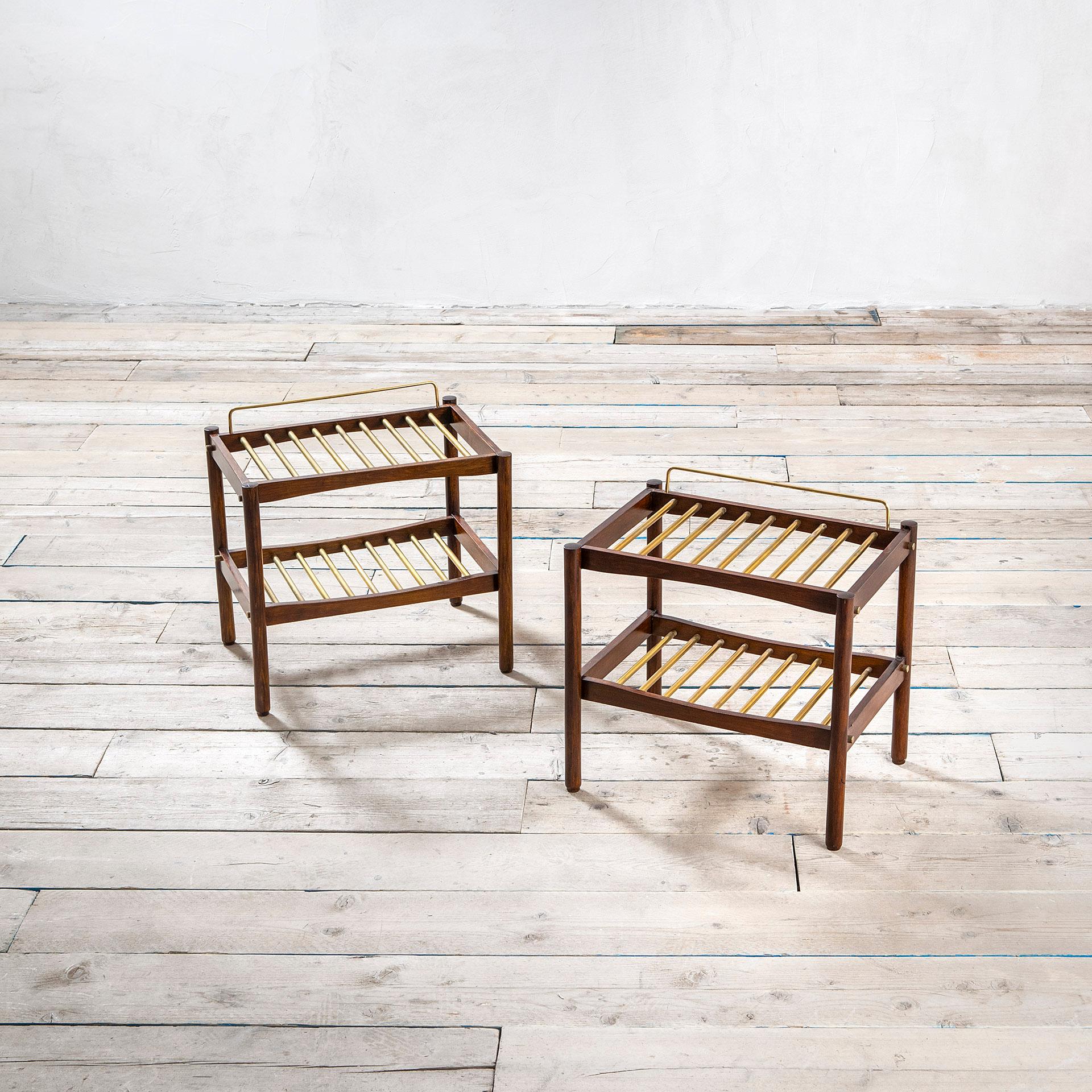 Pair of Luggage Racks in wood and brass. This couple of Luggage Racks are original from a city-centered hotel in Naples, Italy. The suitcase holders are of the middle '50s, designed by ISA Bergamo. Due to a new renovation, the hotel decided to sell