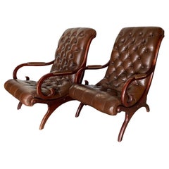 20th Century Pair of Mahogany and Brown Leather Slipper Armchairs