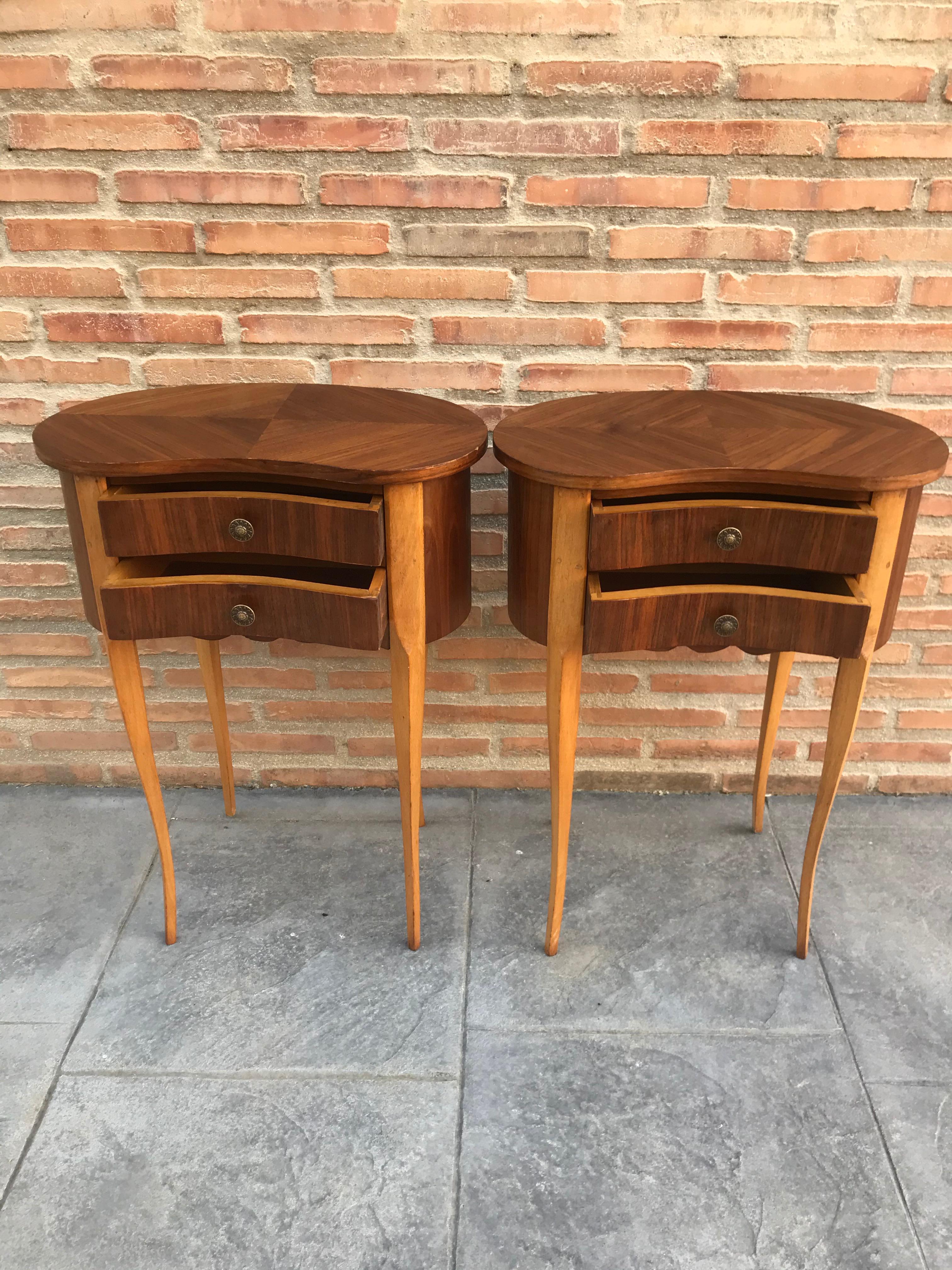 Spanish 20th Century Pair of Mahogany Nightstands with Kidney Shape and Two Drawers