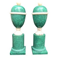 20th Century Pair of Malachite Marble Urns