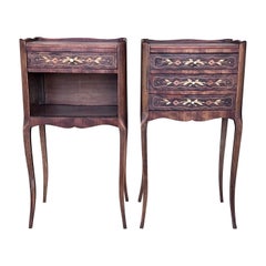 Antique 20th Century Pair of Marquetry Darkness Walnut Nightstands Tables with Drawers