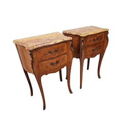 20th Century Pair of Marquetry Inlaid Marble Top Bedside Chests