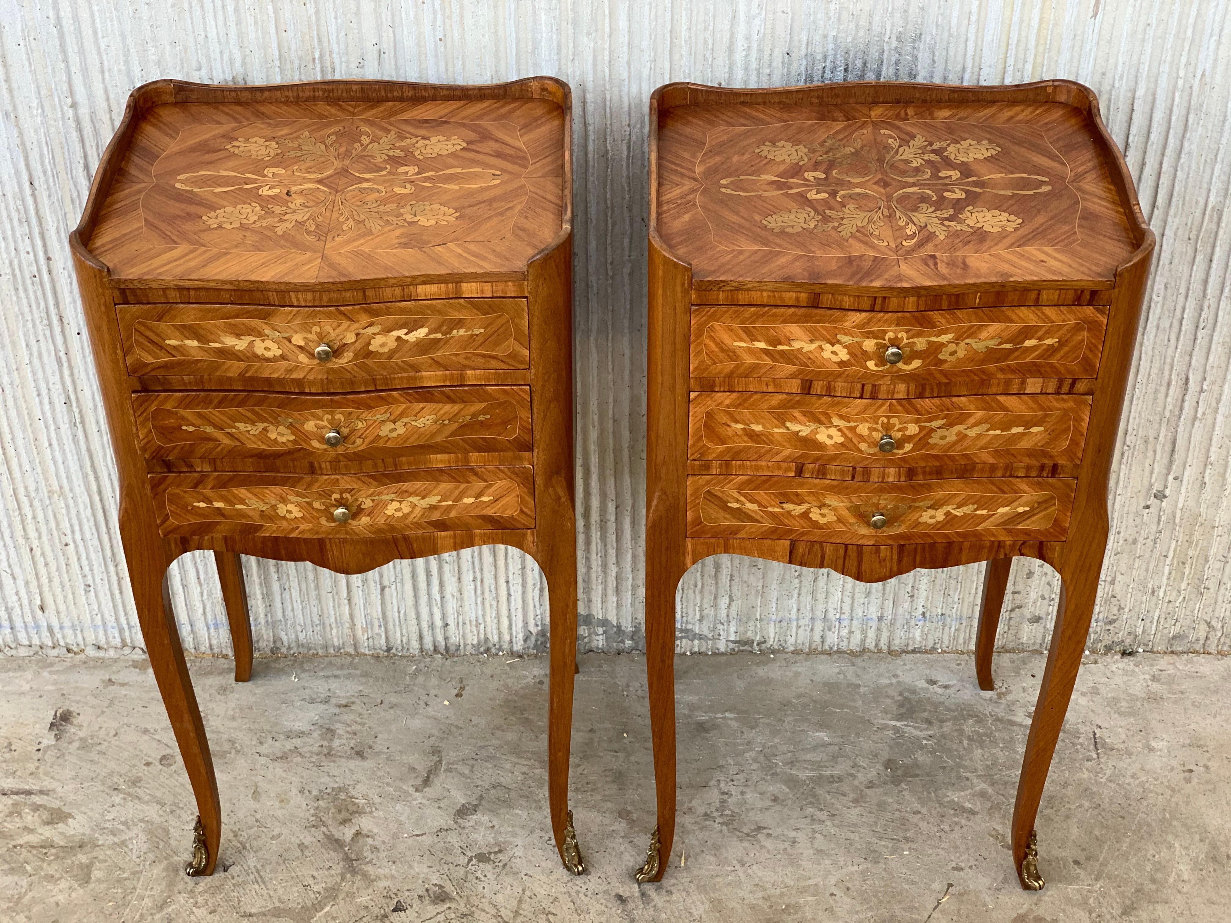 Louis XV 20th Century Pair of Marquetry Walnut Bedside, Nightstands Tables with Drawers