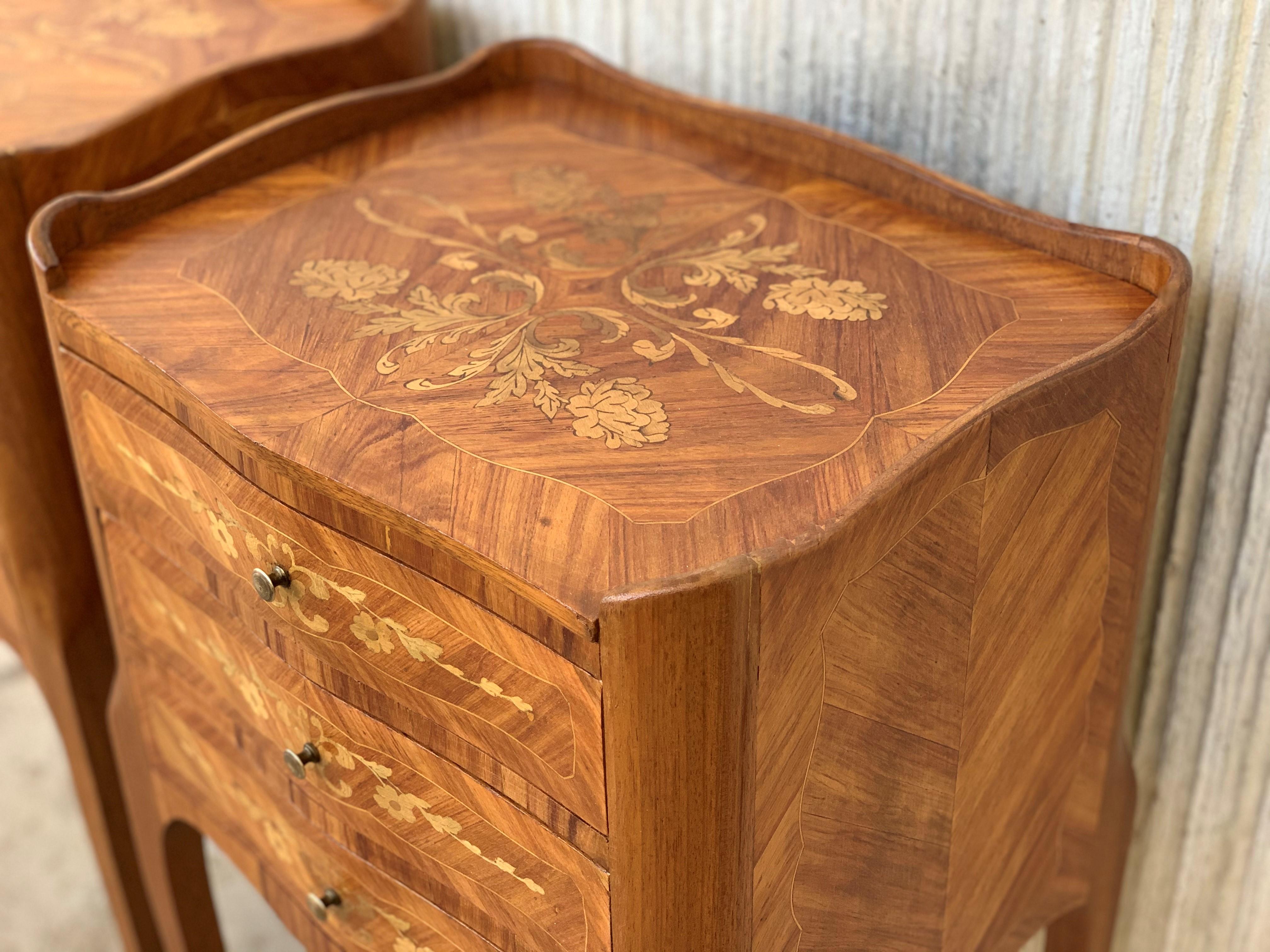20th Century Pair of Marquetry Walnut Bedside, Nightstands Tables with Drawers 1