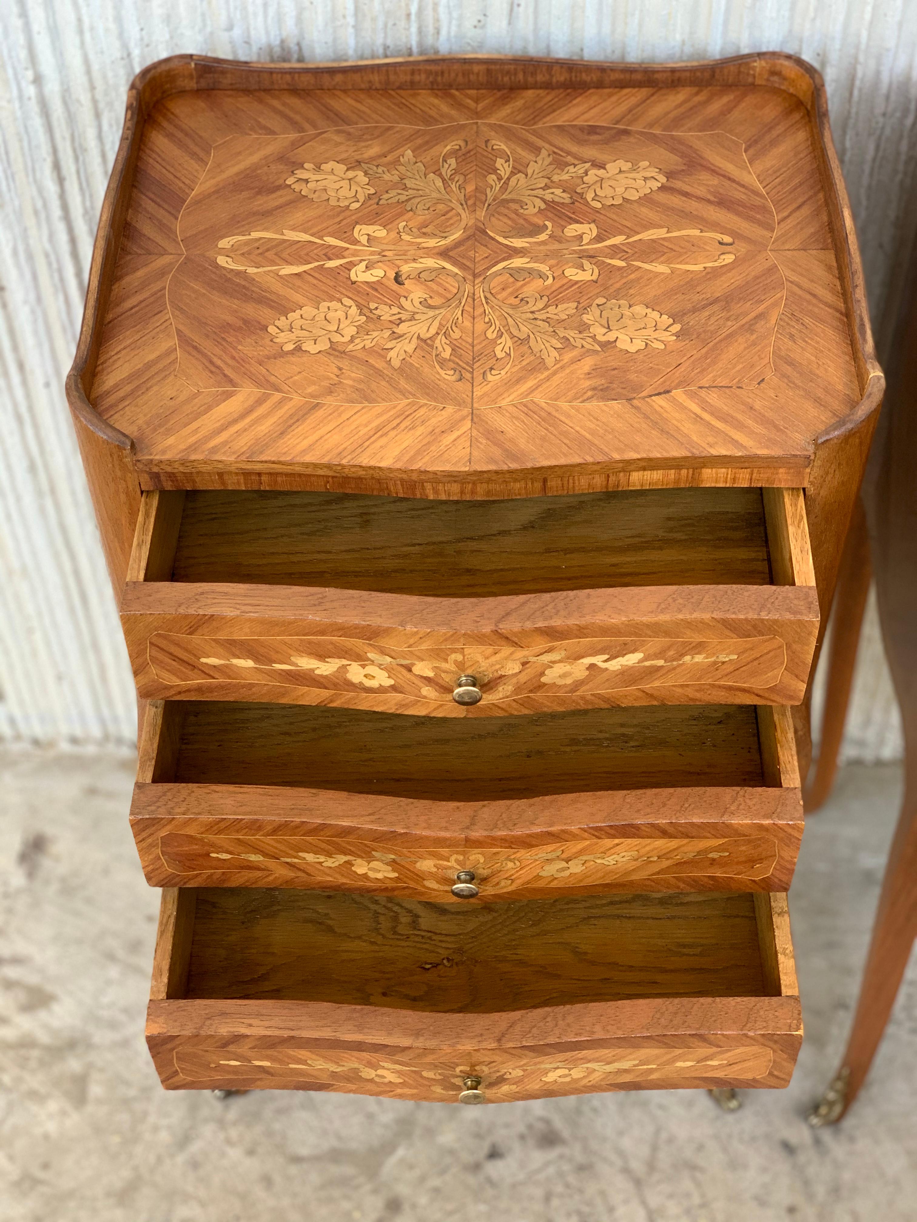 20th Century Pair of Marquetry Walnut Bedside, Nightstands Tables with Drawers 2
