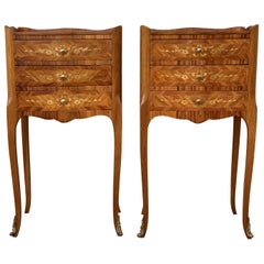 20th Century Pair of Marquetry Walnut Bedside, Nightstands Tables with Drawers