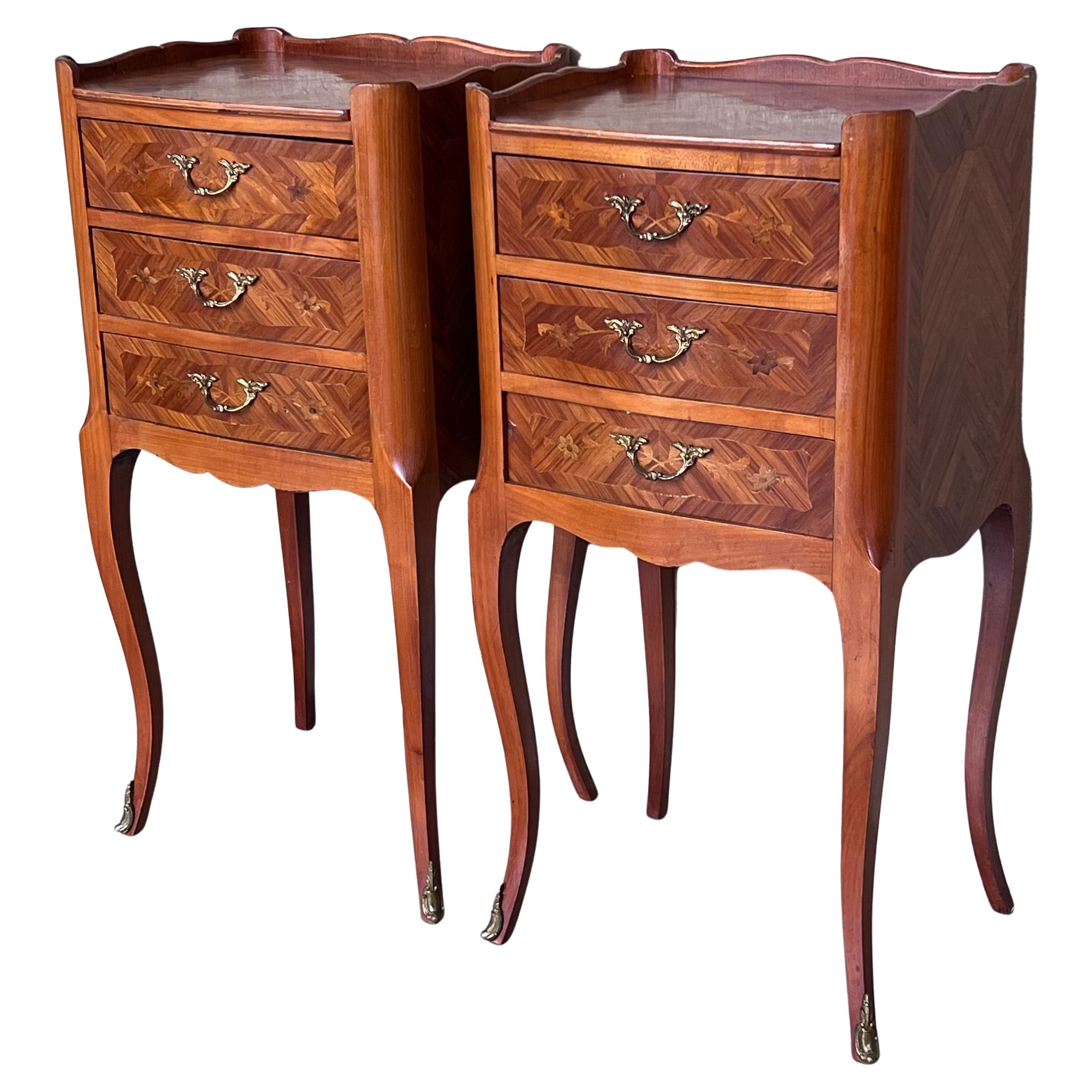 20th Century Pair of Marquetry Walnut Bedside, Nightstands Tables with Drawers