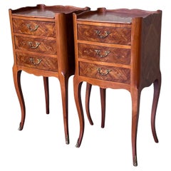20th Century Pair of Marquetry Walnut Bedside, Nightstands Tables with Drawers