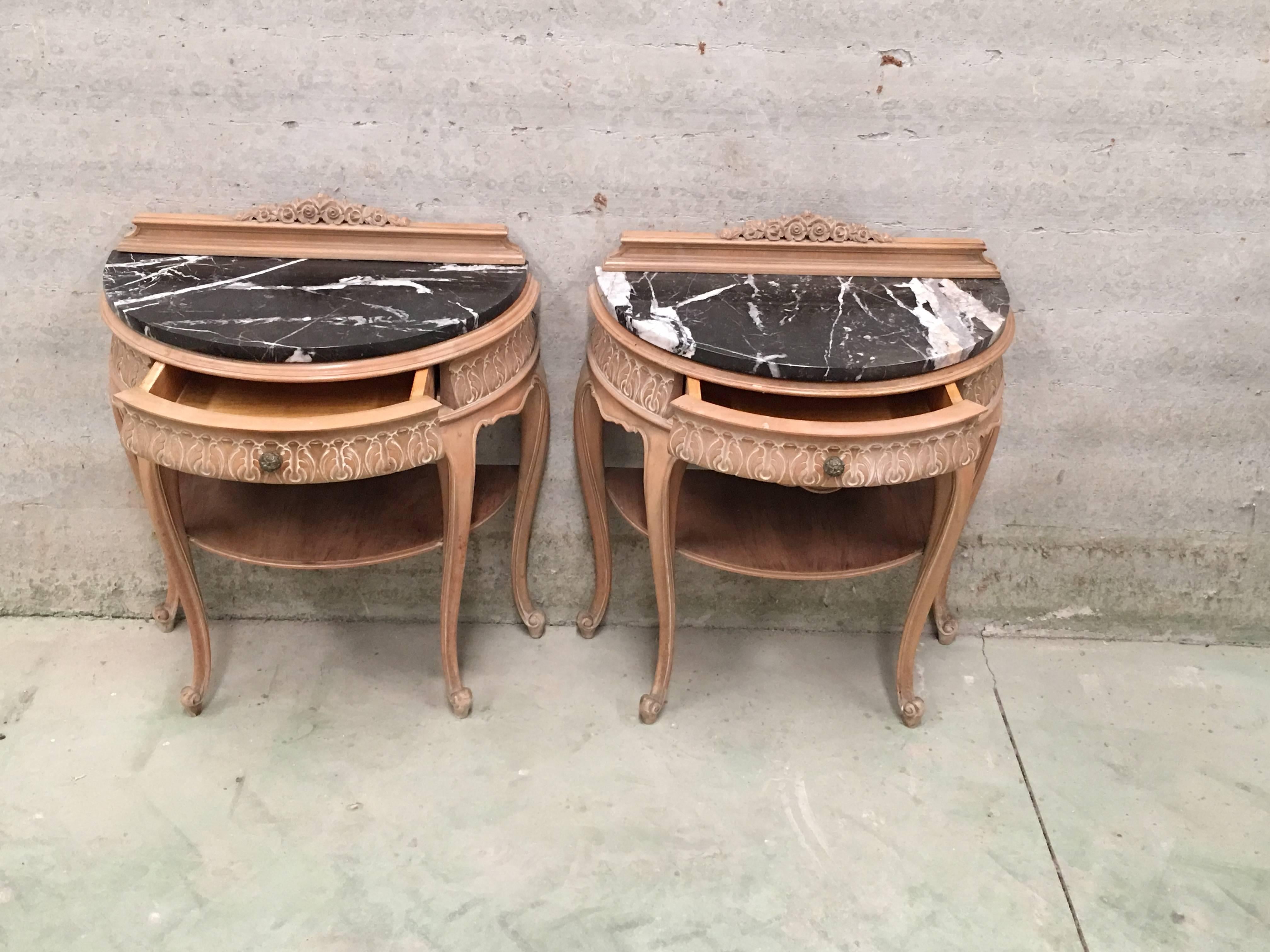 French 20th century pair of midcentury nightstands with original patina and top marble.