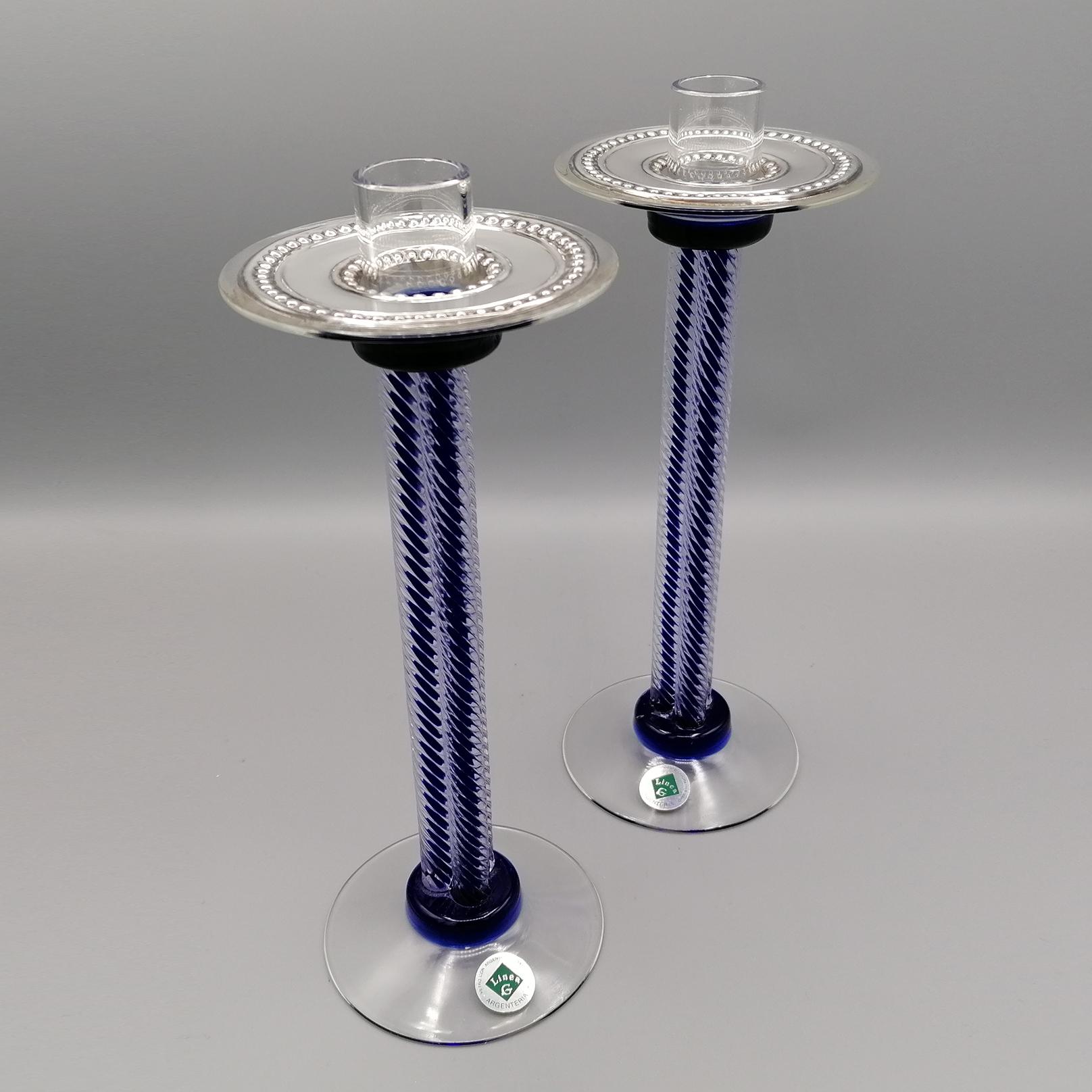 20th Century Pair of Murano Glass and Sterling Silver Candlesticks 4
