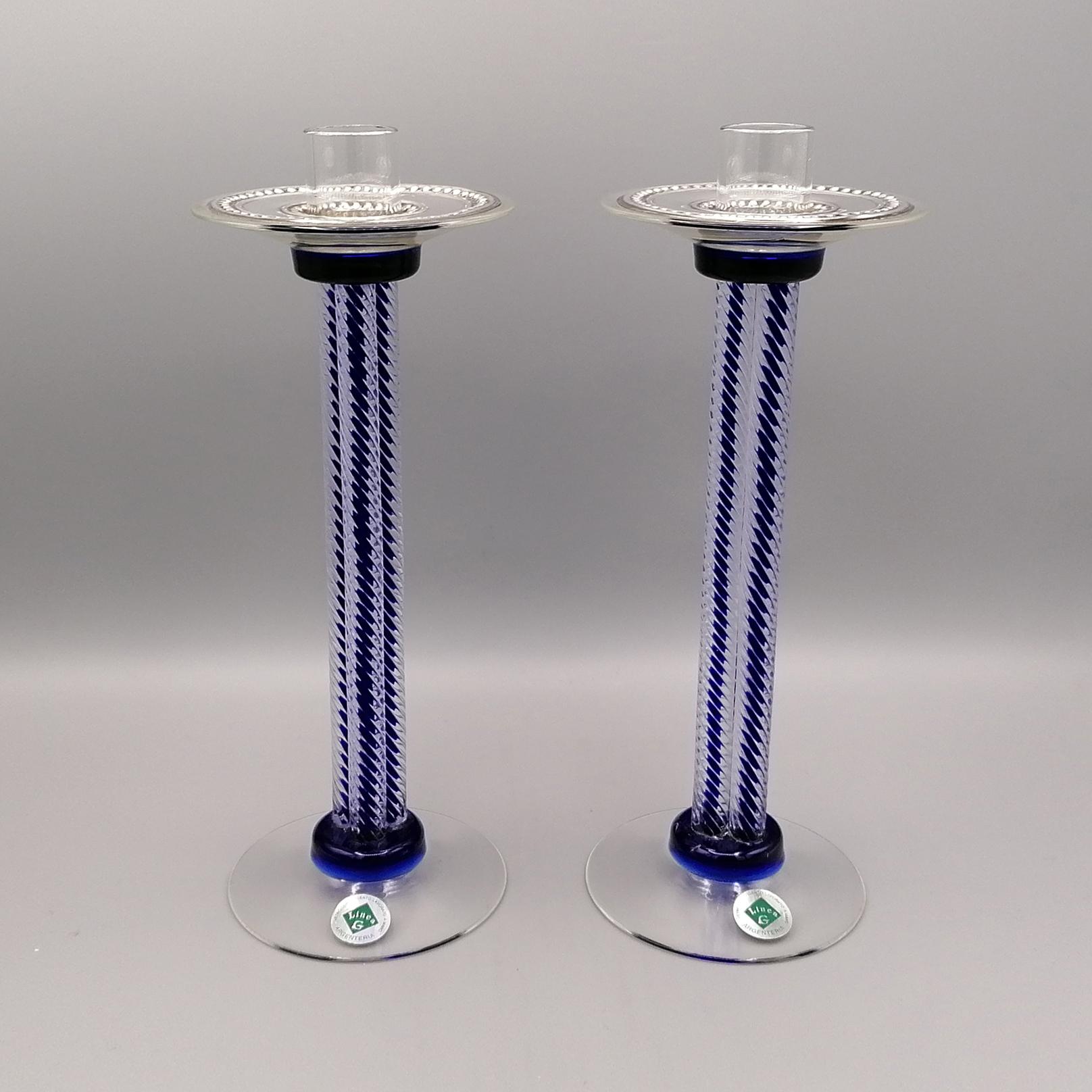 20th Century Pair of Murano Glass and Sterling Silver Candlesticks 5
