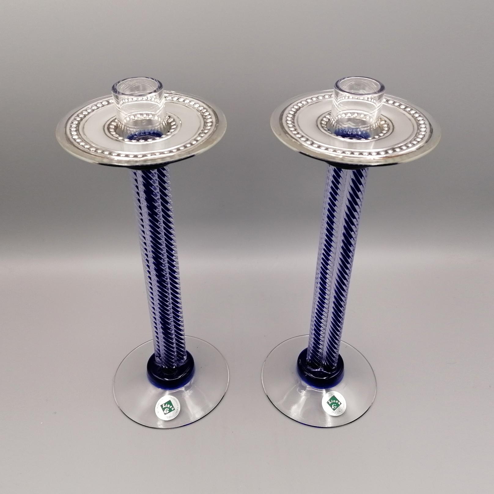 Italian 20th Century Pair of Murano Glass and Sterling Silver Candlesticks