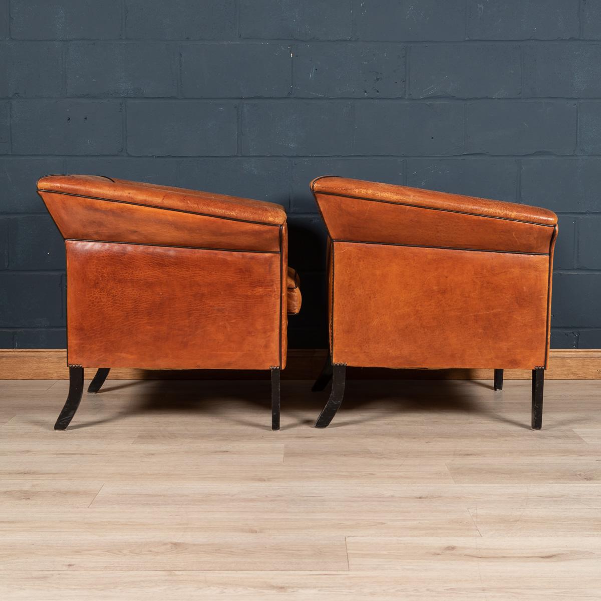 20th Century Pair of of Art Deco Style Dutch Sheepskin Leather Club Chairs 1