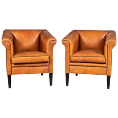 20th Century Pair of of Art Deco Style Dutch Sheepskin Leather Club Chairs