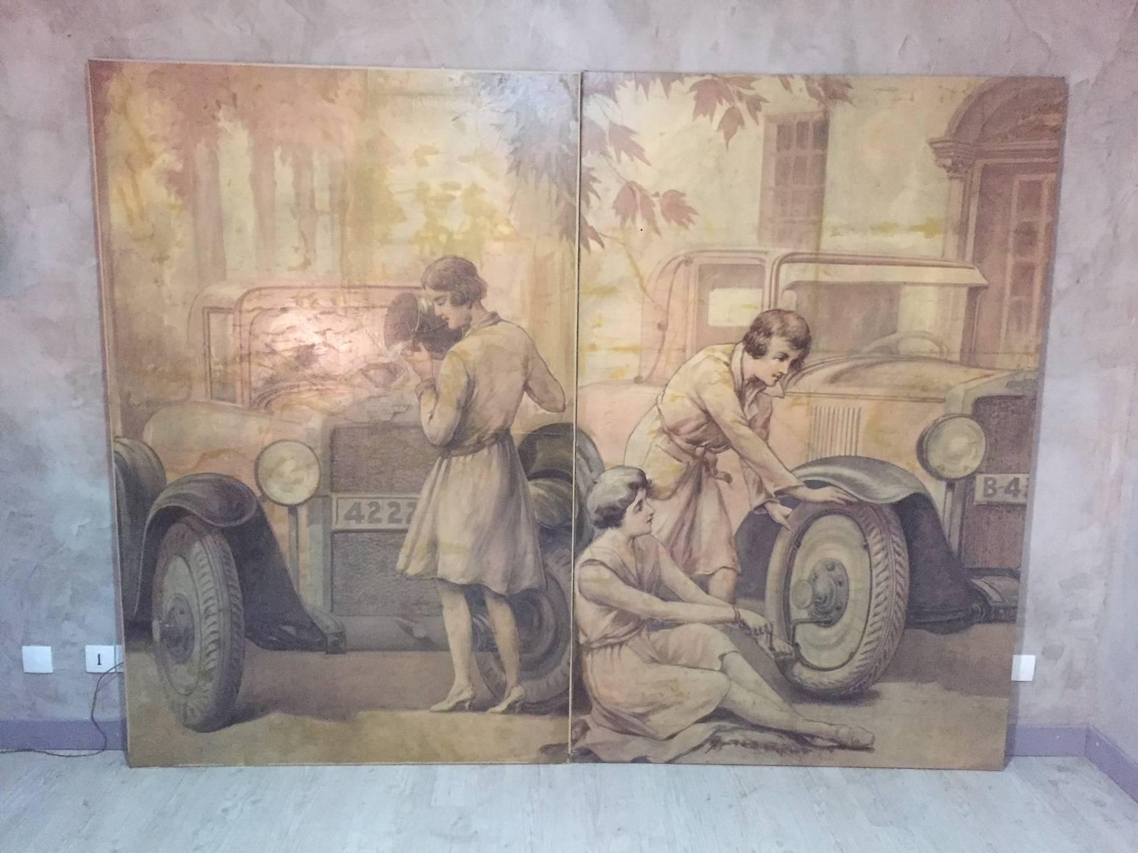Not common pair of oil on canvas representing 1920s women repairing a Chevrolet car.
These canvas comes from an Automibile school in Barcelona (Spain).
The back has been closed for protection with a burlap.
 