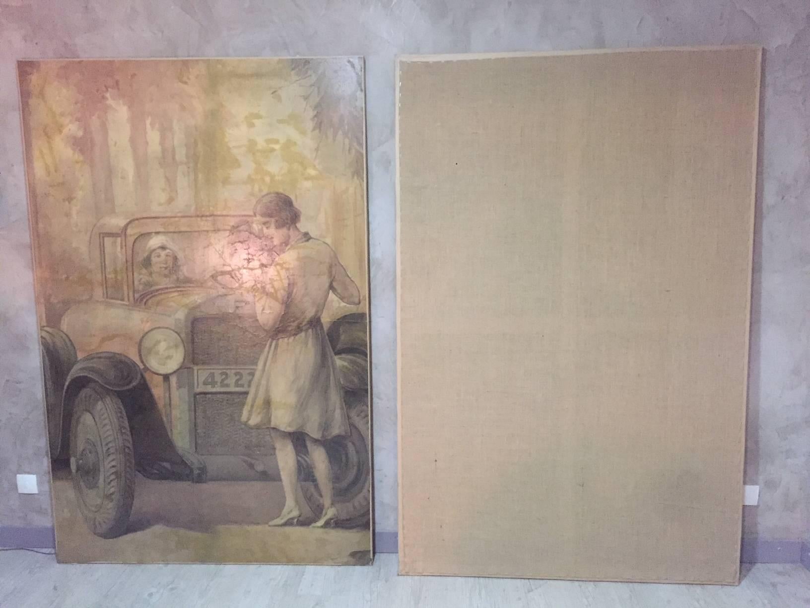 20th Century Pair of Oil on Canvas Chevrolet Theme, 1930s In Good Condition For Sale In LEGNY, FR