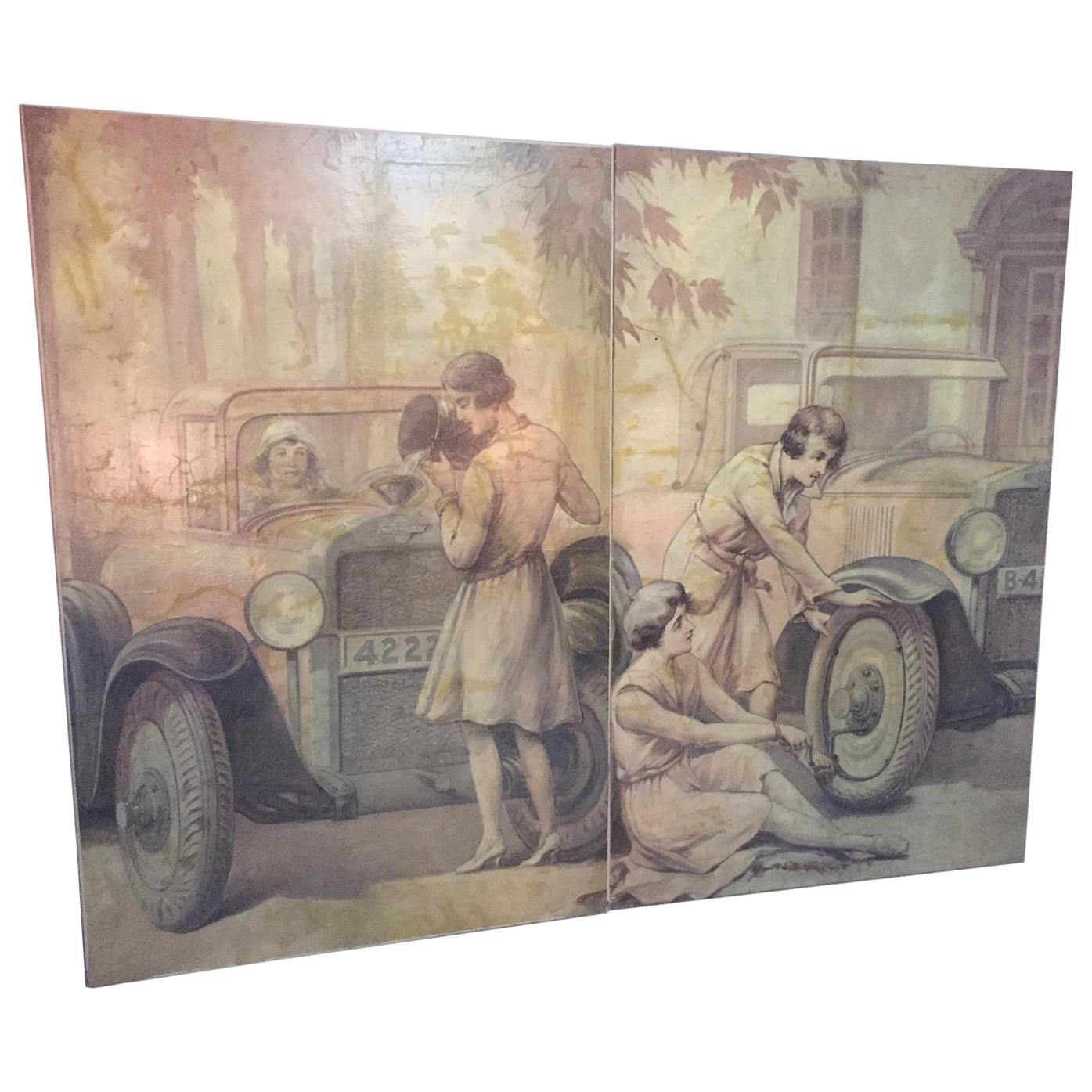 Paire d'huiles sur toile du 20ème siècle, thème Chevrolet, années 1930