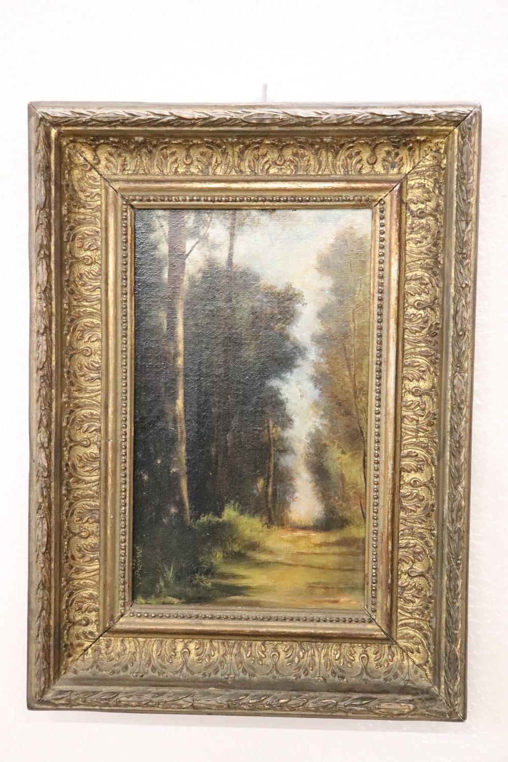 Beautiful 19th century pair of antique oil paintings on canvas with original frame. Signed and dated. Excellent pictorial quality, well represented a wooded landscape.