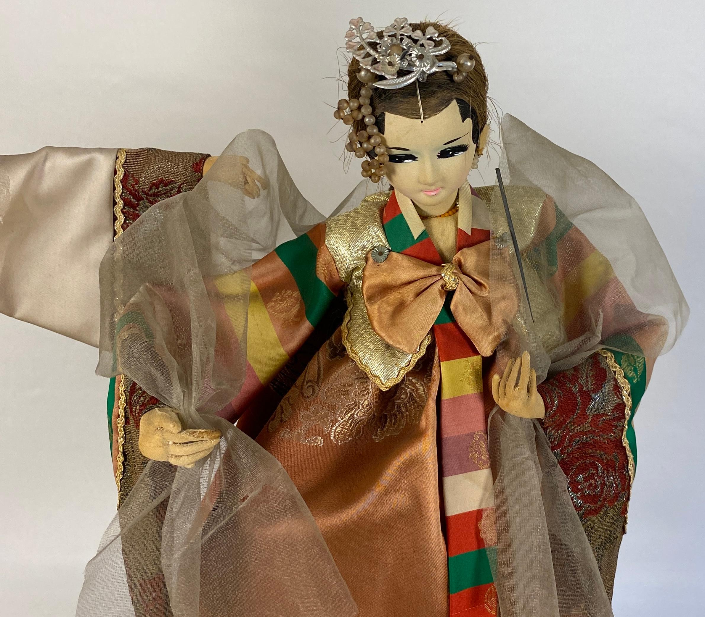 Chinese 20th Century Pair of Oriental Puppet Dolls with Original Silk Costumes  For Sale