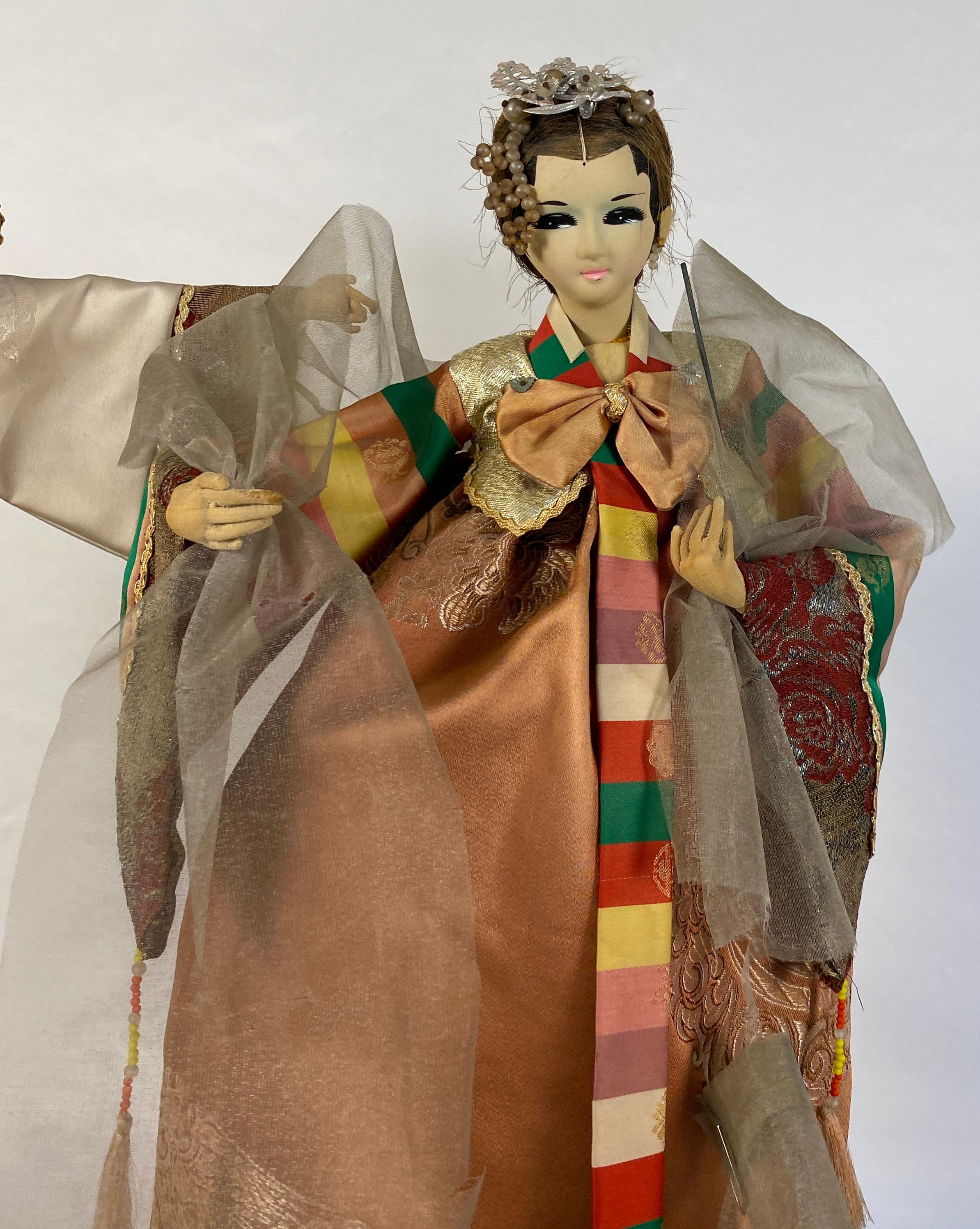 Hand-Crafted 20th Century Pair of Oriental Puppet Dolls with Original Silk Costumes  For Sale